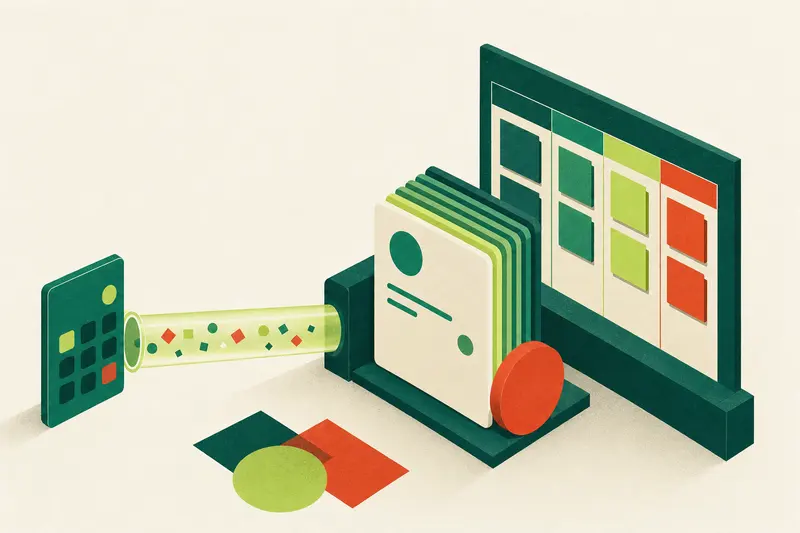 Paper-cut illustration of a calculator sending a lead through a glowing pipe into contact cards and a pipeline board