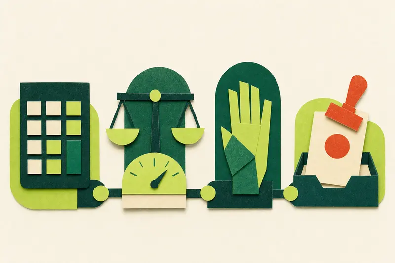 Paper-cut illustration of four connected stations: calculator, balance scale and gauge, raised paper hand, inbox tray with a stamped folder